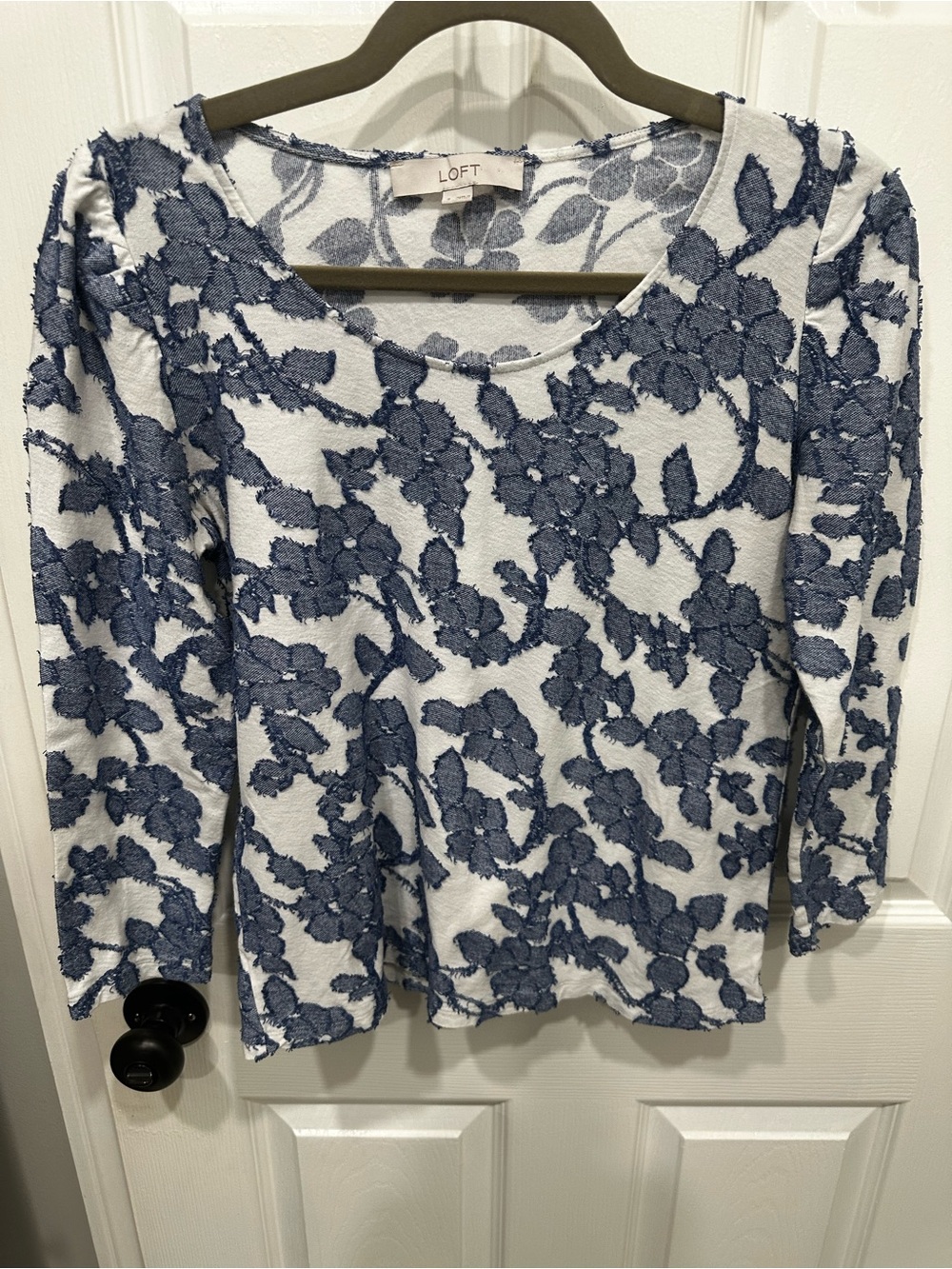 LOFT White & Navy Floral Appliqué Long Sleeve Top